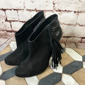 Plomo Black Suede & Leather Fringe Heeled Booties‎
